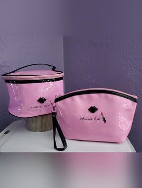 Pink Glossy Cosmetic Bag Duo with Black Trim